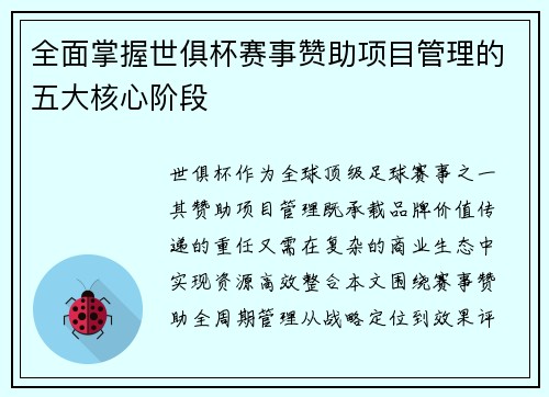 全面掌握世俱杯赛事赞助项目管理的五大核心阶段
