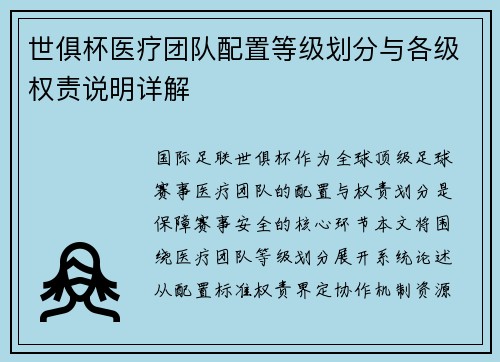 世俱杯医疗团队配置等级划分与各级权责说明详解