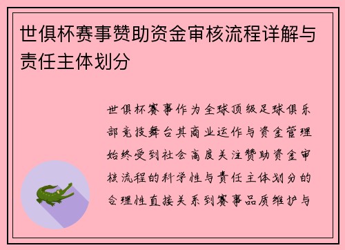 世俱杯赛事赞助资金审核流程详解与责任主体划分